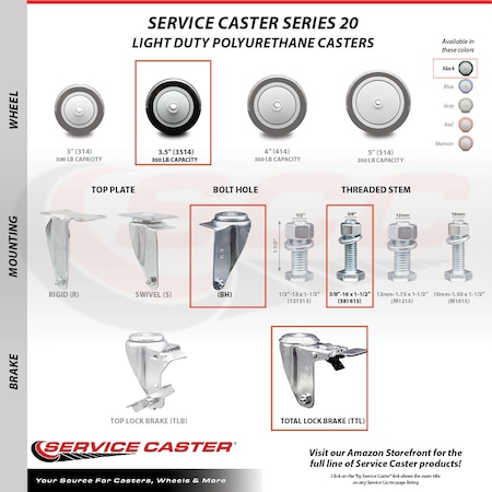 Service Caster 3.5 Inch SS Black Poly 3/8 Inch Threaded Stem Caster Total Lock Brake SCC, 2PK SSTSTTL20S3514-PPUB-BLK-381615-2-S-2